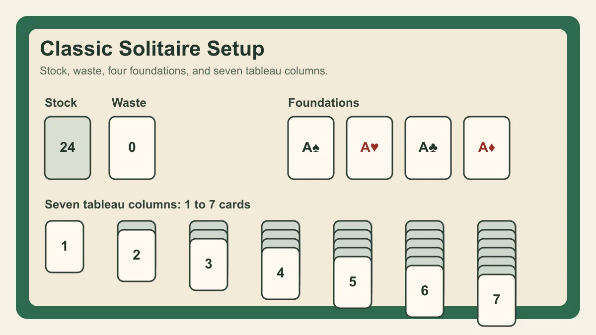 Solitaire setup diagram showing stock, waste, four foundations, and seven tableau columns