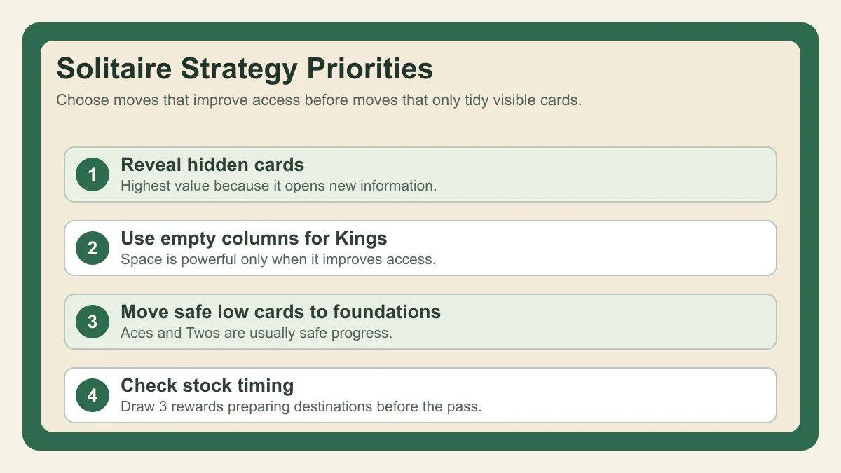 Solitaire strategy diagram listing move priorities for revealing cards, empty columns, foundations, and stock timing